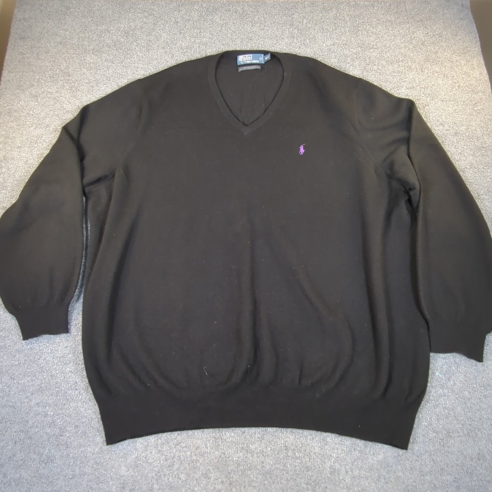 Polo Ralph Lauren Mens 4XLT Merino Wool V-Neck Sweater Black Purple Pony 2668